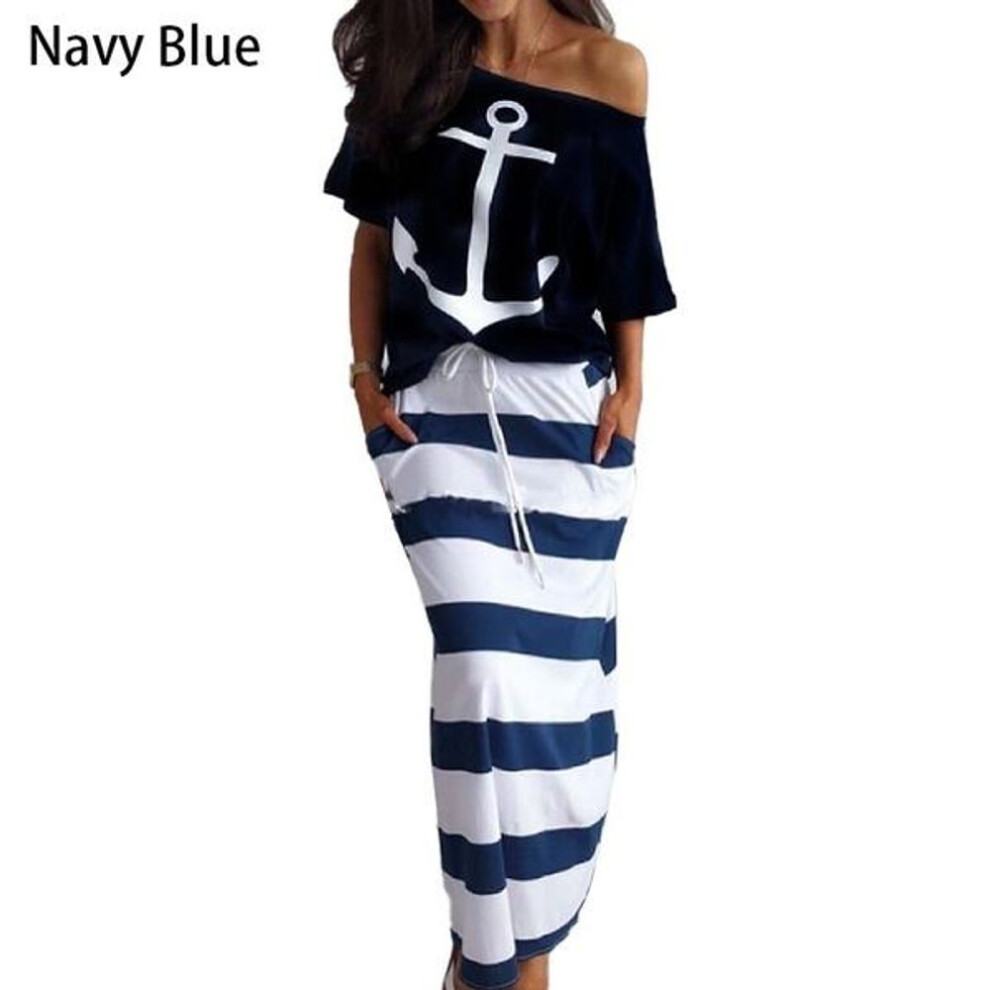 (navy blue, L) Fashion Women Anchor Pattern Off Shoulder T-shirt & Striped Maxi Skirt Sets Two Pieces Dress Plus Size