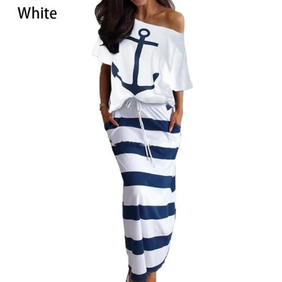 (white, M) Fashion Women Anchor Pattern Off Shoulder T-shirt & Striped Maxi Skirt Sets Two Pieces Dress Plus Size