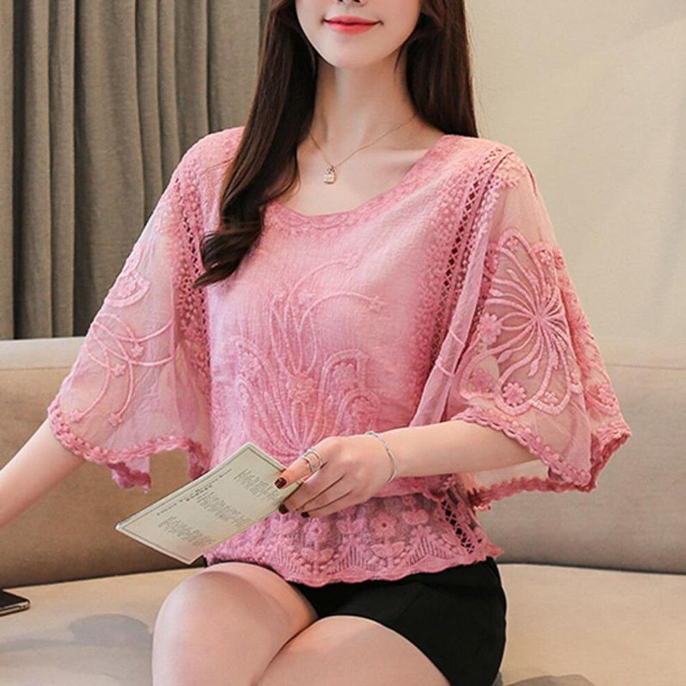(pink, M) Plus Size Chiffon Blouse Women Summer Cotton Edge Lace Women&apos;s Shirt Butterfly Sleeve Flower Office Lady Tops