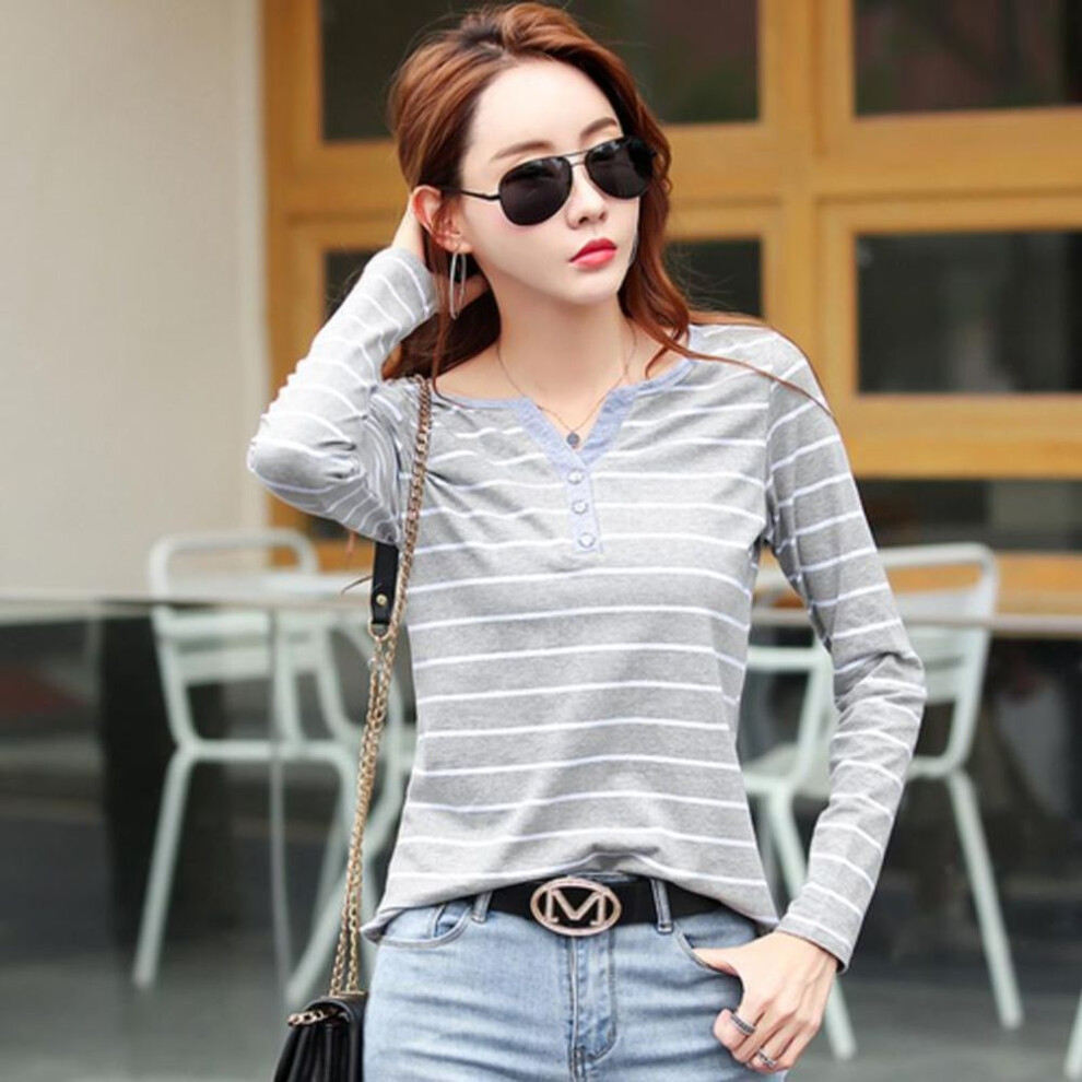 (gray, 4XL) Cotton T-shirt Women Long Sleeve Striped T Shirt Spring Autumn Female Clothing Shirt Blouse Tops