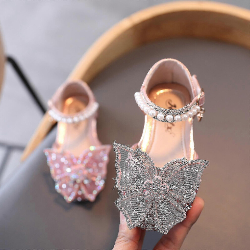 (34, Pink) Girls Sandals Infant Kids Baby Girls Pearl Crystal Bling Bowknot Single Princess Shoes Sandals