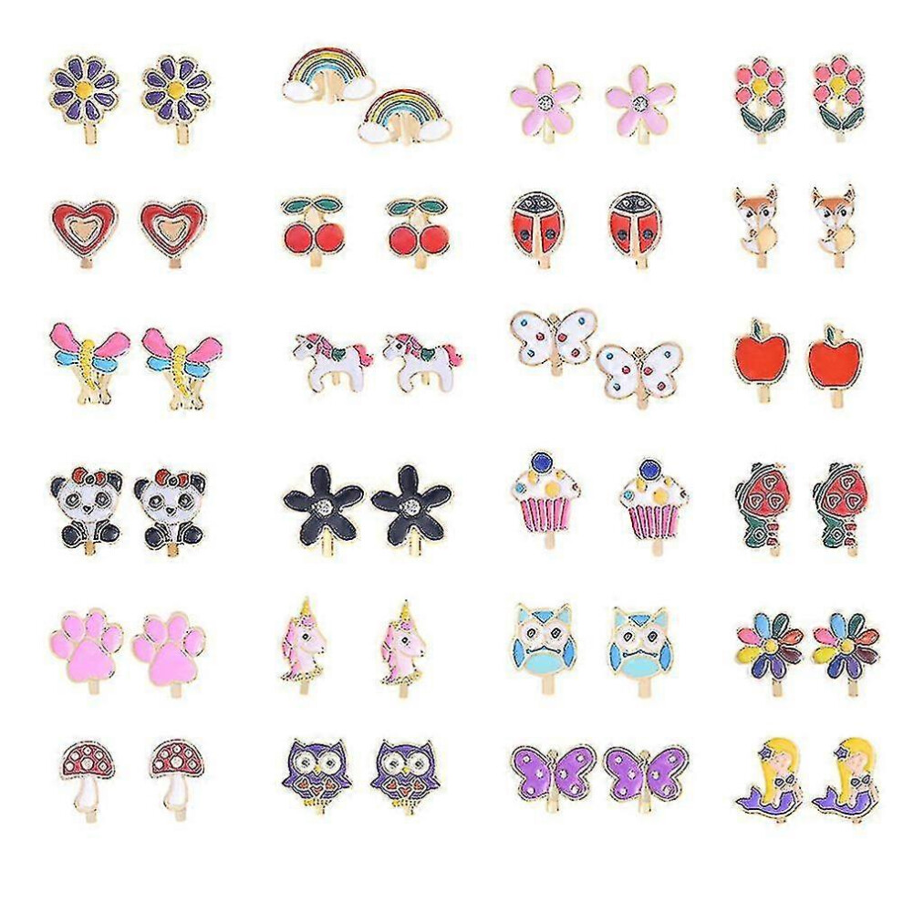 24 Pairs Of Girls Clip On Earrings Kids Cute Flower Metal Earring Princess Dress Up
