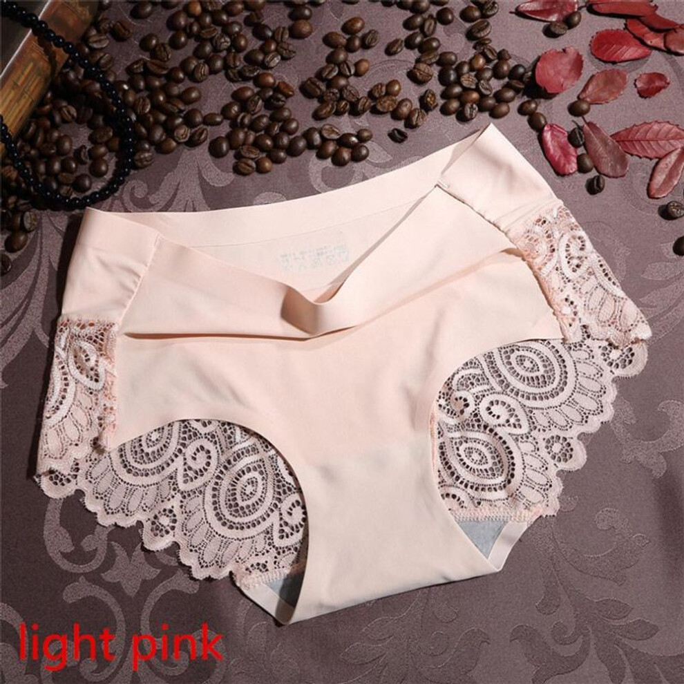 (light pink, M) Women Sexy Underwear Mid-waist Underwear Lace Pure Color Cotton Ladies Underwear Briefs