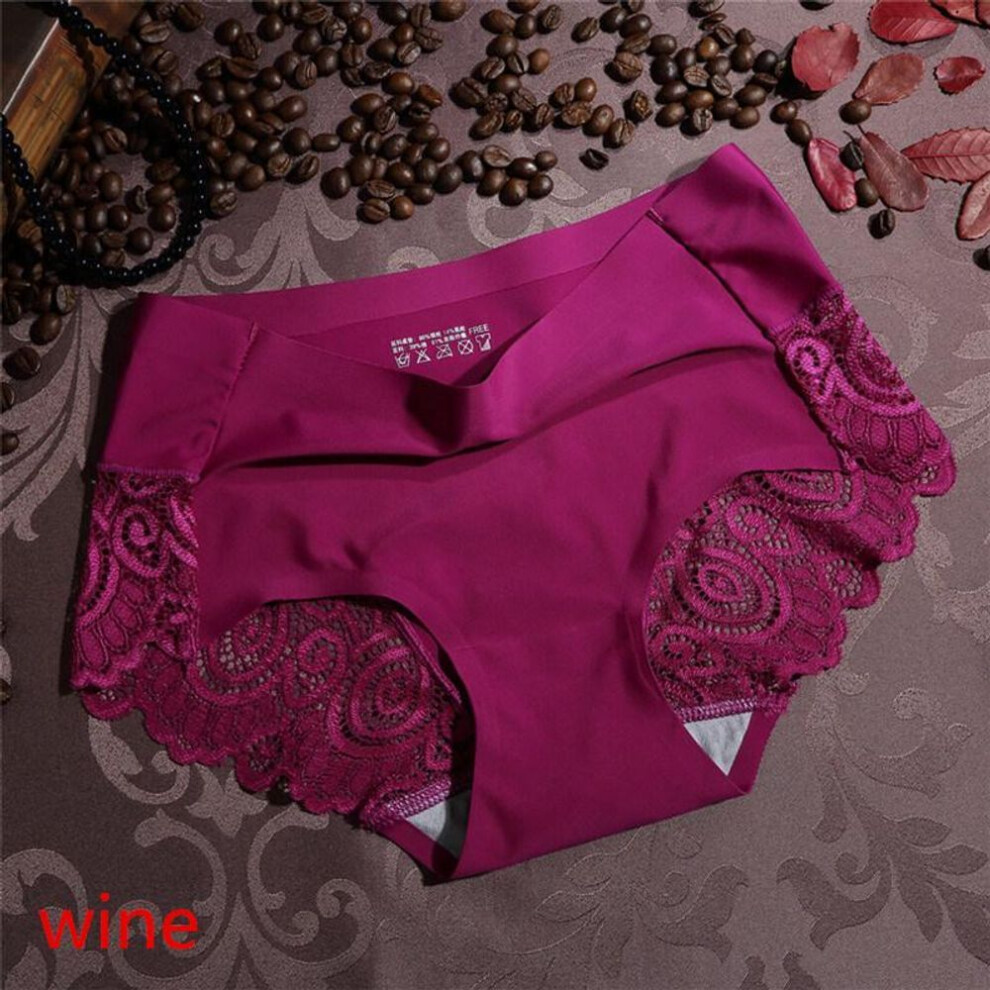 (wine red, L) Women Sexy Underwear Mid-waist Underwear Lace Pure Color Cotton Ladies Underwear Briefs