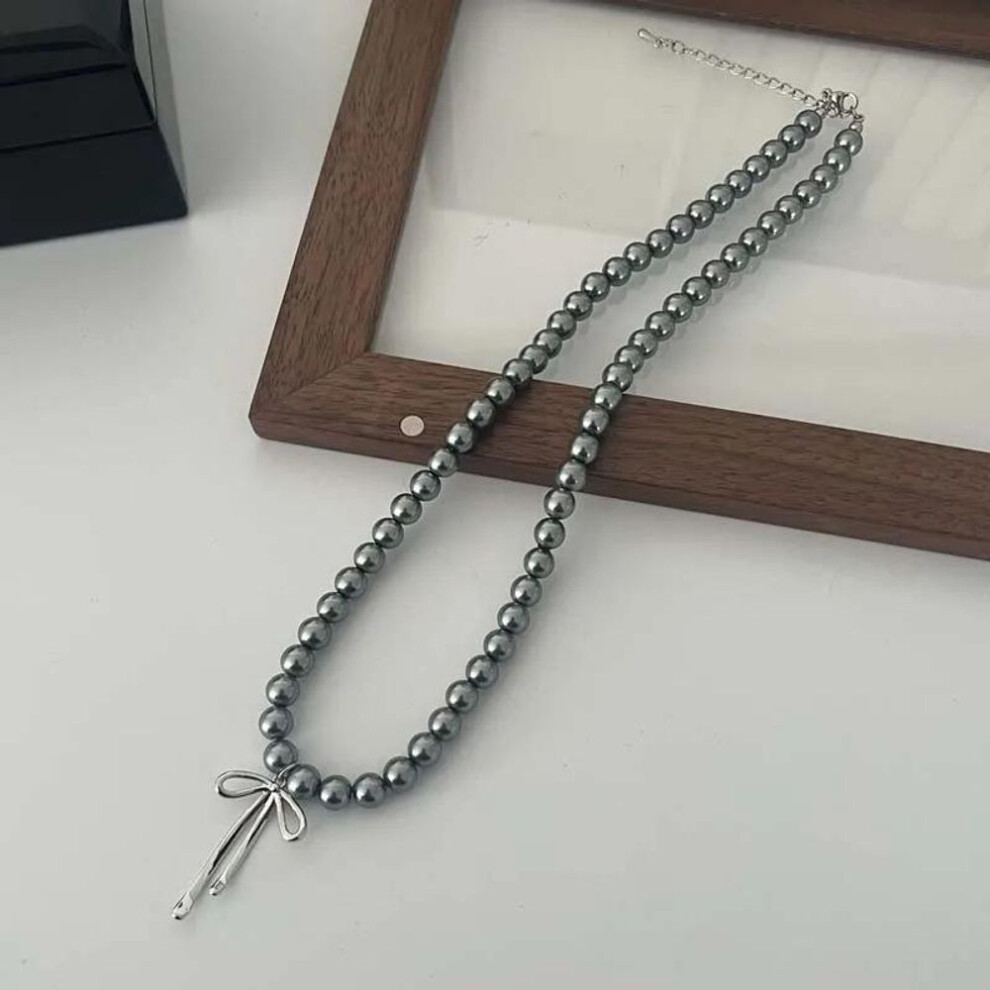 (as the picture) Fashion Grey Pearl Necklace Y2k Bowknot Pendant Goth Harajuku Rope Chain Choker Necklace For Girl Choker Cool Elegant  Jewelry Accessories Gift