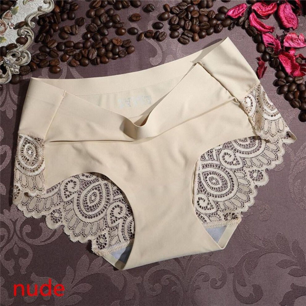 (nude, M) Women Sexy Underwear Mid-waist Underwear Lace Pure Color Cotton Ladies Underwear Briefs
