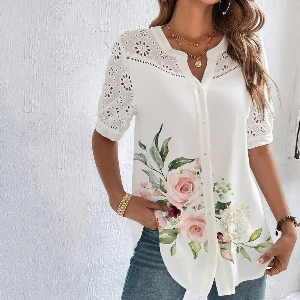 (white, M) Casual Lace Women's Shirt - Elegant Short Sleeve Blouse