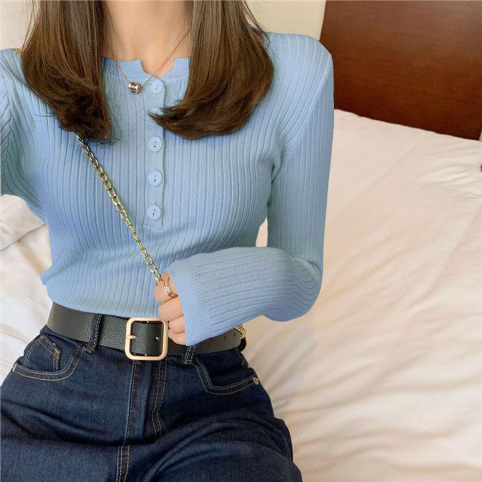 (sky blue, One Size) Women Long Sleeve Knitted Sweater Spring Autumn Button O Neck Inside Tight Knit Pullover Top