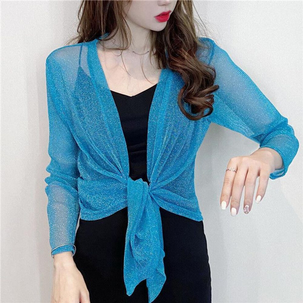 (blue, L) 1 Pc Long-sleeved Nylon Lace Cane Loose Thin Shawl Outside The Ladies Sunscreen Shirt Summer Short Jacket Tops Pearlized Ice Silk Cardigan Lace Coats