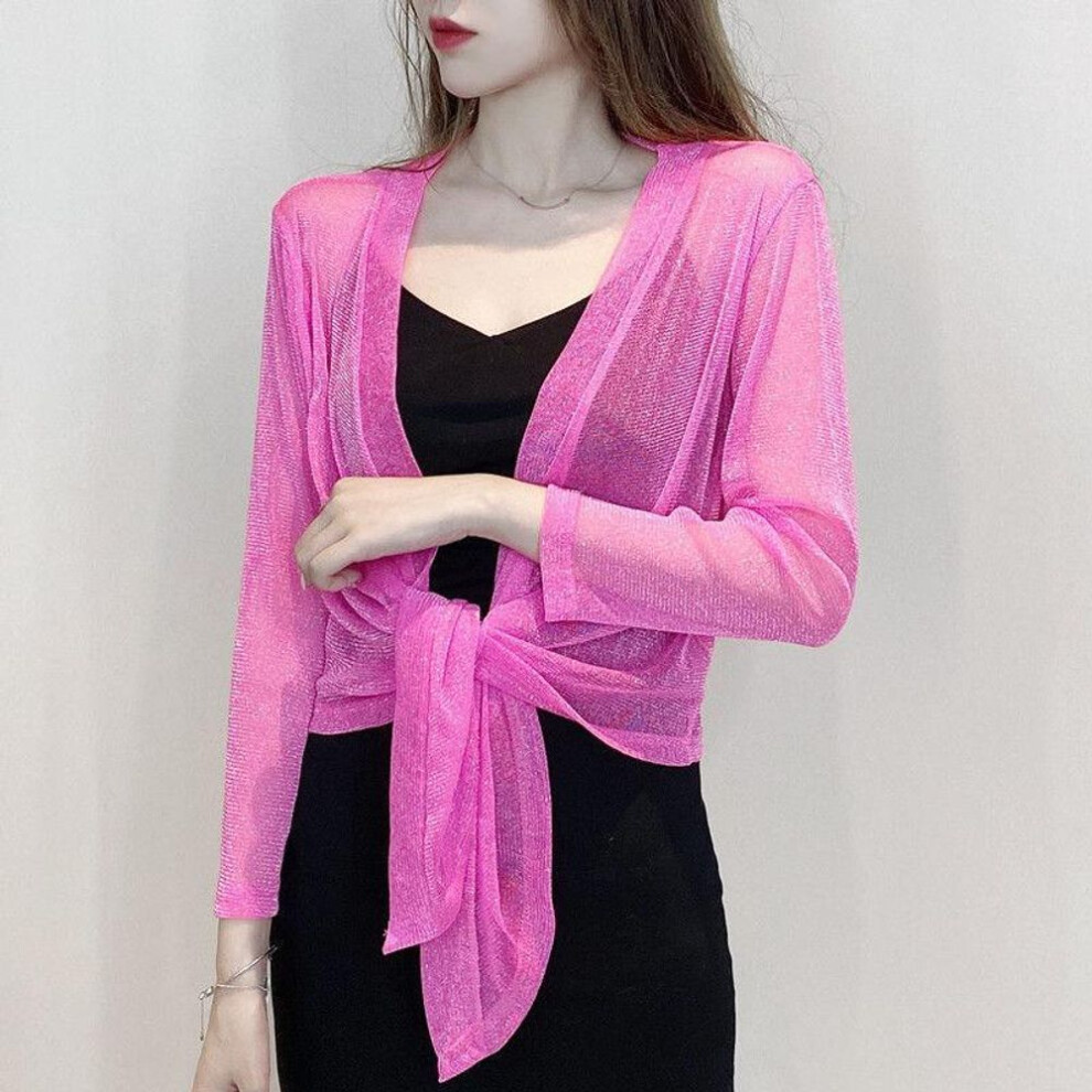 (pink, L) 1 Pc Long-sleeved Nylon Lace Cane Loose Thin Shawl Outside The Ladies Sunscreen Shirt Summer Short Jacket Tops Pearlized Ice Silk Cardigan Lace Coats