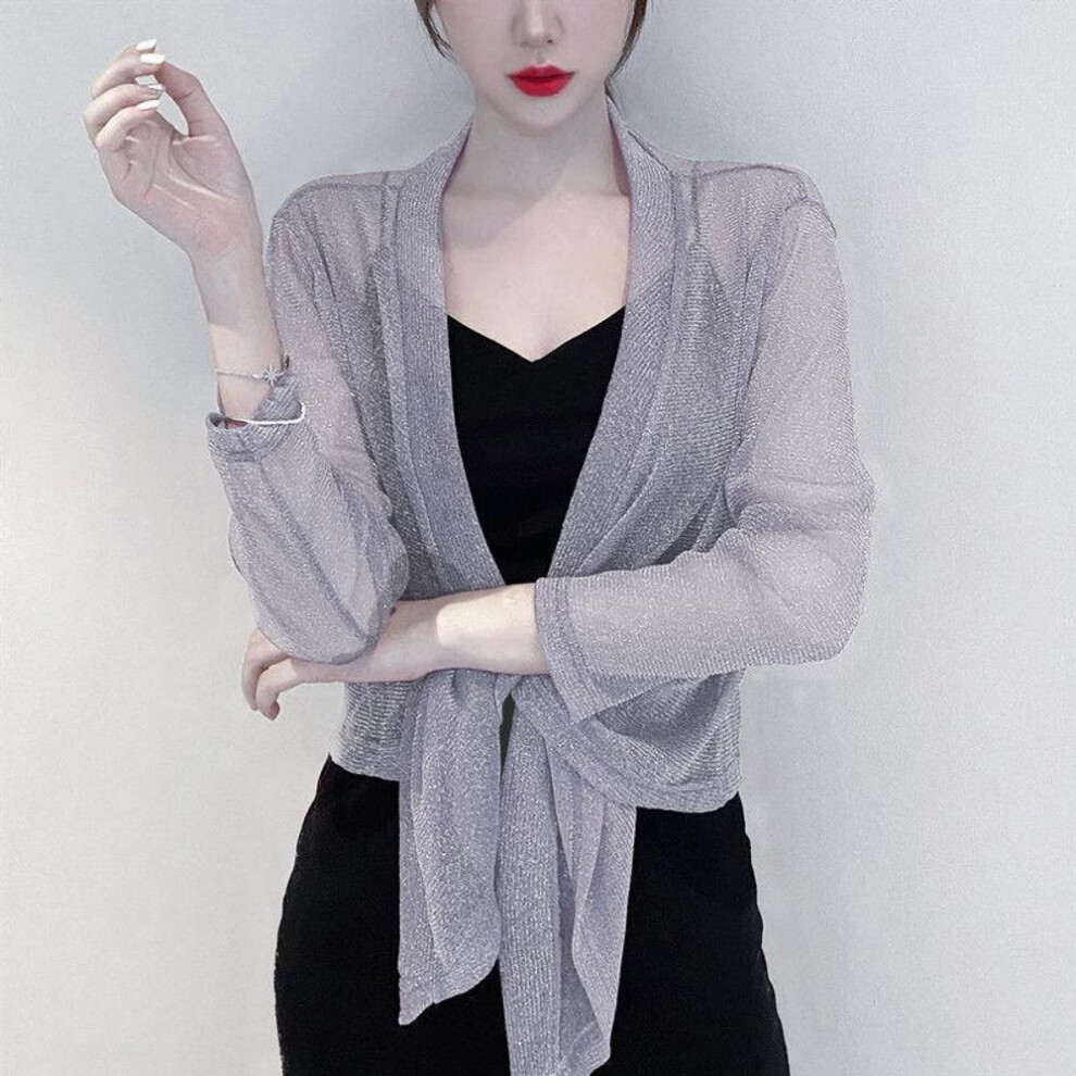 (grey, XL) 1 PC Long-sleeved Nylon Lace Cane Loose Thin Shawl Outside The Ladies Sunscreen Shirt Summer Short Jacket Tops Pearlized Ice Silk Cardigan Lace Coats