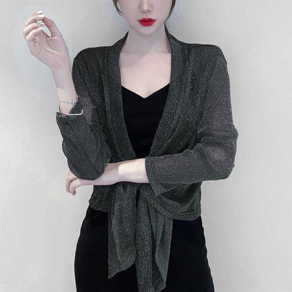 (black, XL) 1 PC Long-sleeved Nylon Lace Cane Loose Thin Shawl Outside The Ladies Sunscreen Shirt Summer Short Jacket Tops Pearlized Ice Silk Cardigan Lace Coats