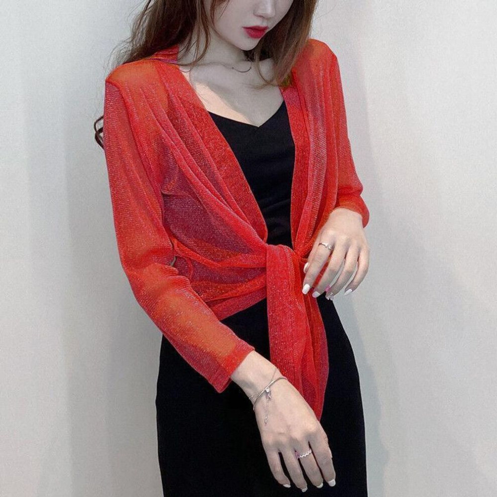 (red, XL) 1 PC Long-sleeved Nylon Lace Cane Loose Thin Shawl Outside The Ladies Sunscreen Shirt Summer Short Jacket Tops Pearlized Ice Silk Cardigan Lace Coats