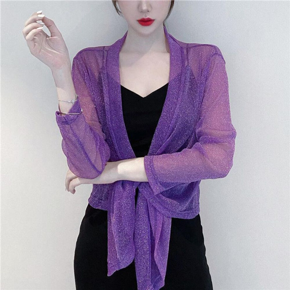 (purple, L) 1 PC Long-sleeved Nylon Lace Cane Loose Thin Shawl Outside The Ladies Sunscreen Shirt Summer Short Jacket Tops Pearlized Ice Silk Cardigan Lace Coats