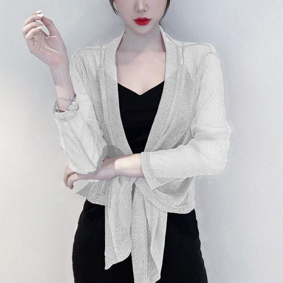 (white, M) 1 Pc Long-sleeved Nylon Lace Cane Loose Thin Shawl Outside The Ladies Sunscreen Shirt Summer Short Jacket Tops Pearlized Ice Silk Cardigan Lace Coats