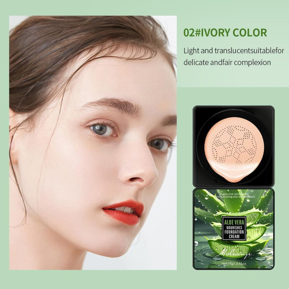 (02#Ivory Color) Aloe Vera Nourishing Foundation Cream Waterproof Oil-control Long-lasting Makeup Air Cushion Formula With Glycerin Natural Effect Bb Cream