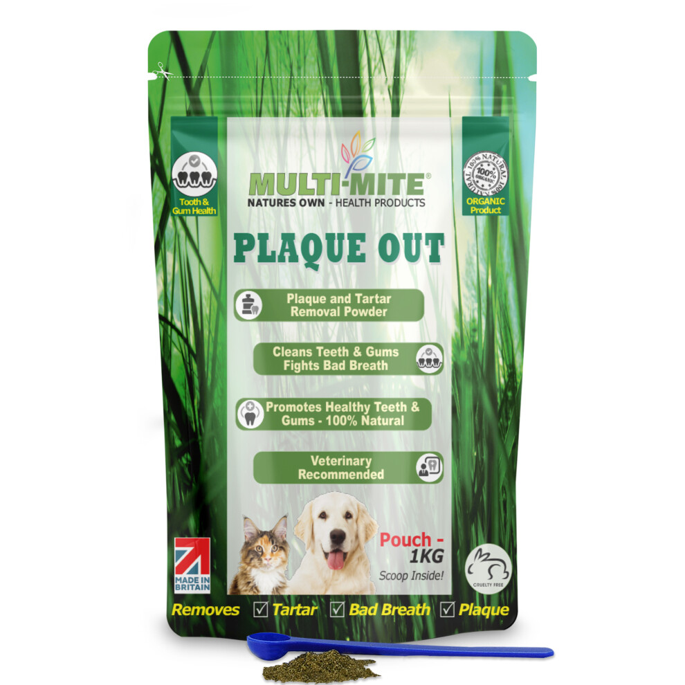 PLAQUE OUT 1KG Pouch Tartar Plaque Off Remover, Bad Breath Dogs, Cats