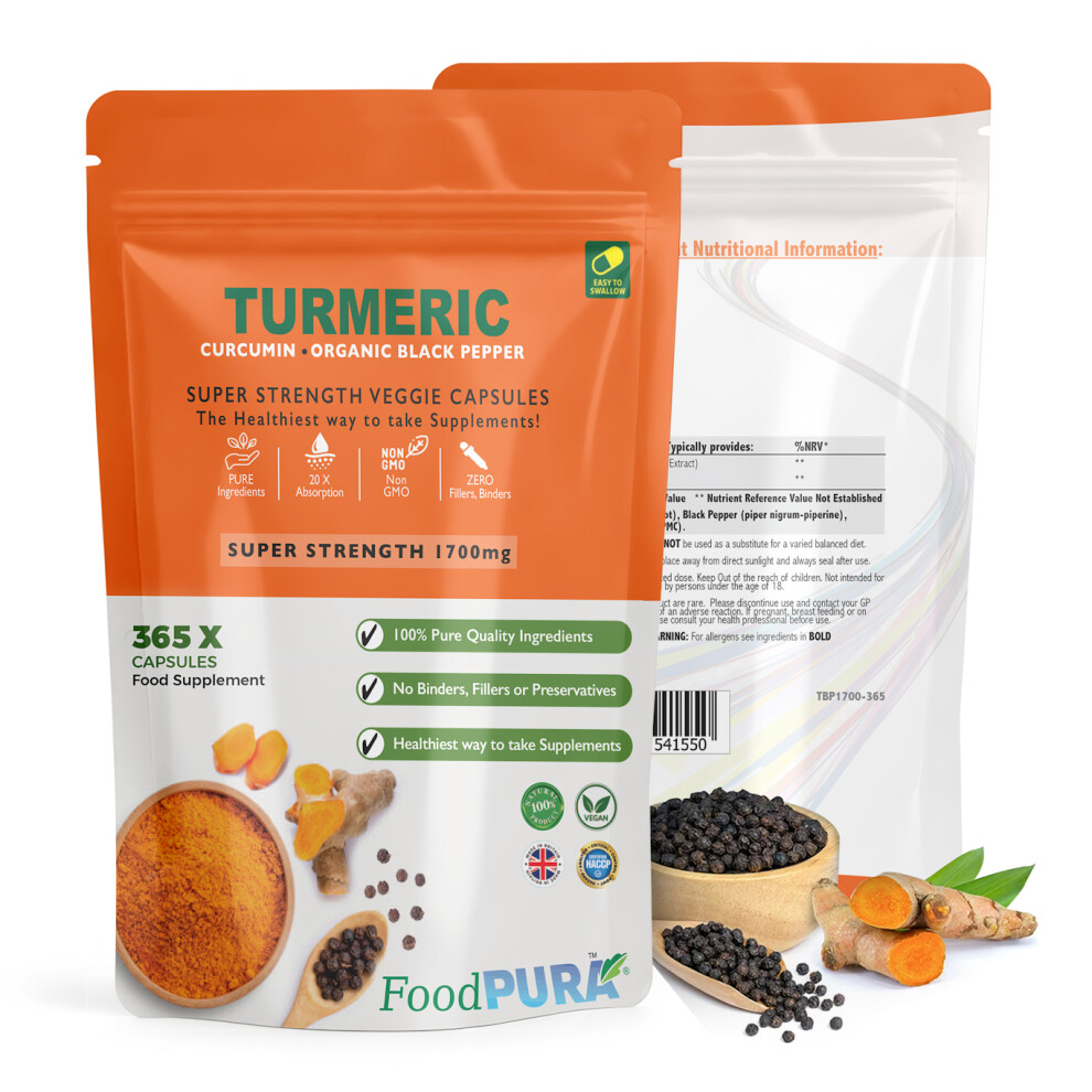 Foodpura Black 365 Turmeric Curcumin 1700Mg Capsules With Organic Pepper - Veg/Vegan, No Fillers, Non-Gmo