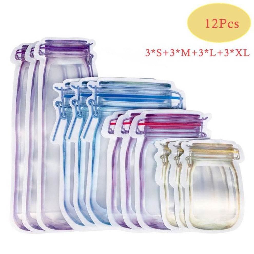 (as the picture, 12Pcs) Reusable Ziplock Bags Mason Jar Shaped Cookies Bag Waterproof Fresh-keeping Snacks Storage Bag