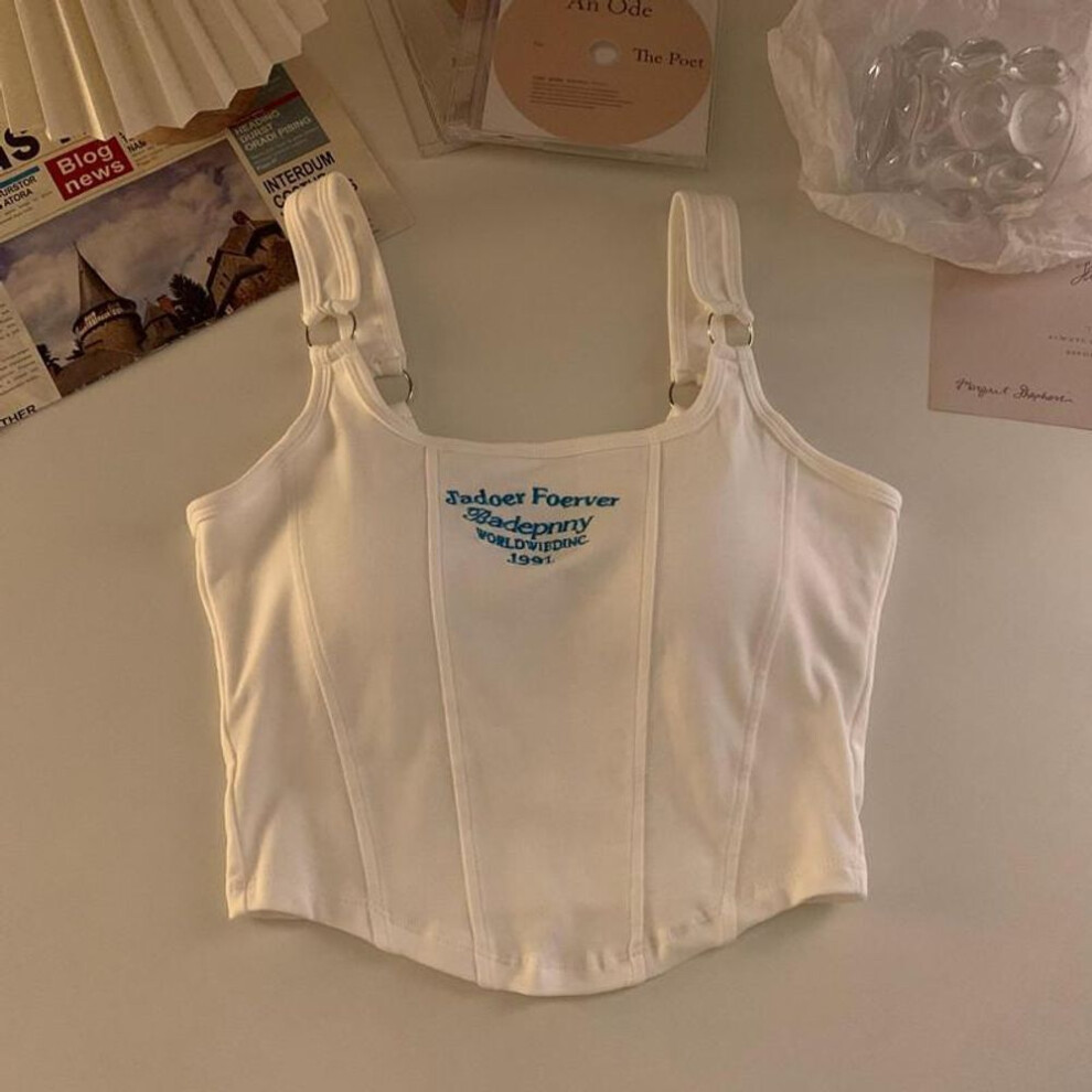 (white) Design Letter Short Tank Tops With Bra Pad Sexy Slim Stripe Tops Y2K Shoulder Belt Iron Ring Tank Top