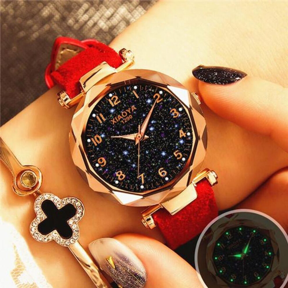 (red) Women Luxury Watch Personality Romantic Luminous Starry Sky Wristwatch Leather Rhinestone Watch