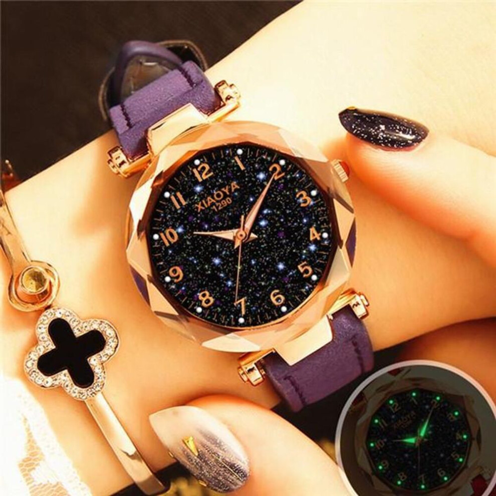 (purple) Women Luxury Watch Personality Romantic Luminous Starry Sky Wristwatch Leather Rhinestone Watch