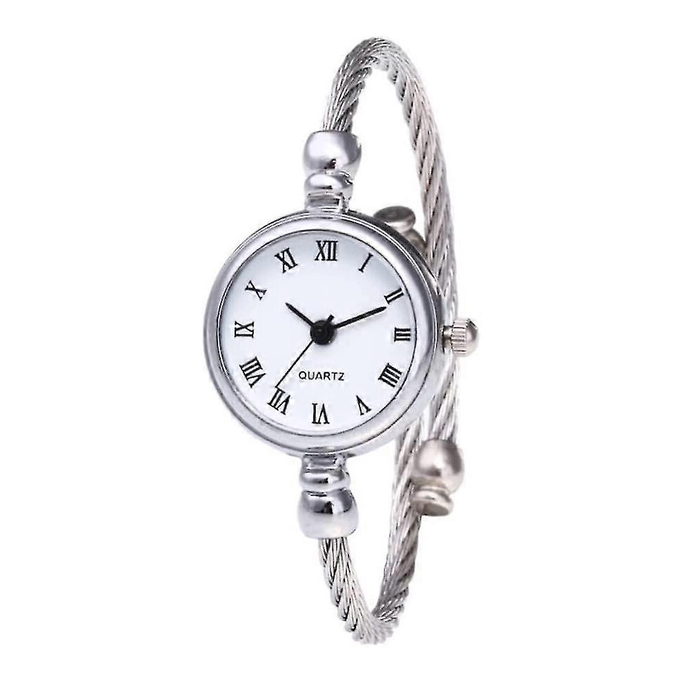 Women Silver Cable White Dial Analogue Quartz Bangle Watch with Metal Band Cuff Bracelet Watch Fashion Daily Wrist Watches
