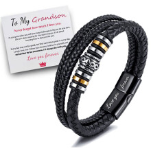 To My Grandson Love You Forever Leather Braided Bracelet Wristband wit Gift Card
