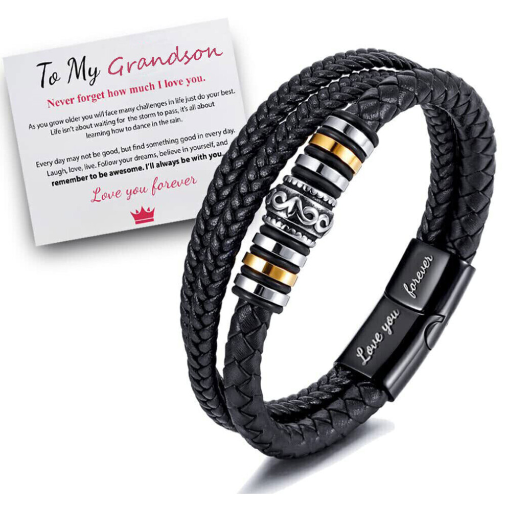 To My Grandson Love You Forever Leather Braided Bracelet Wristband wit Gift Card