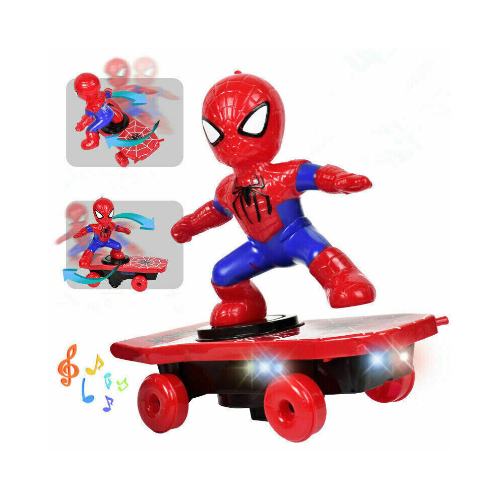Flemye Spiderman Electric Skateboard 360° Rotation Music With Toys Kids Light
