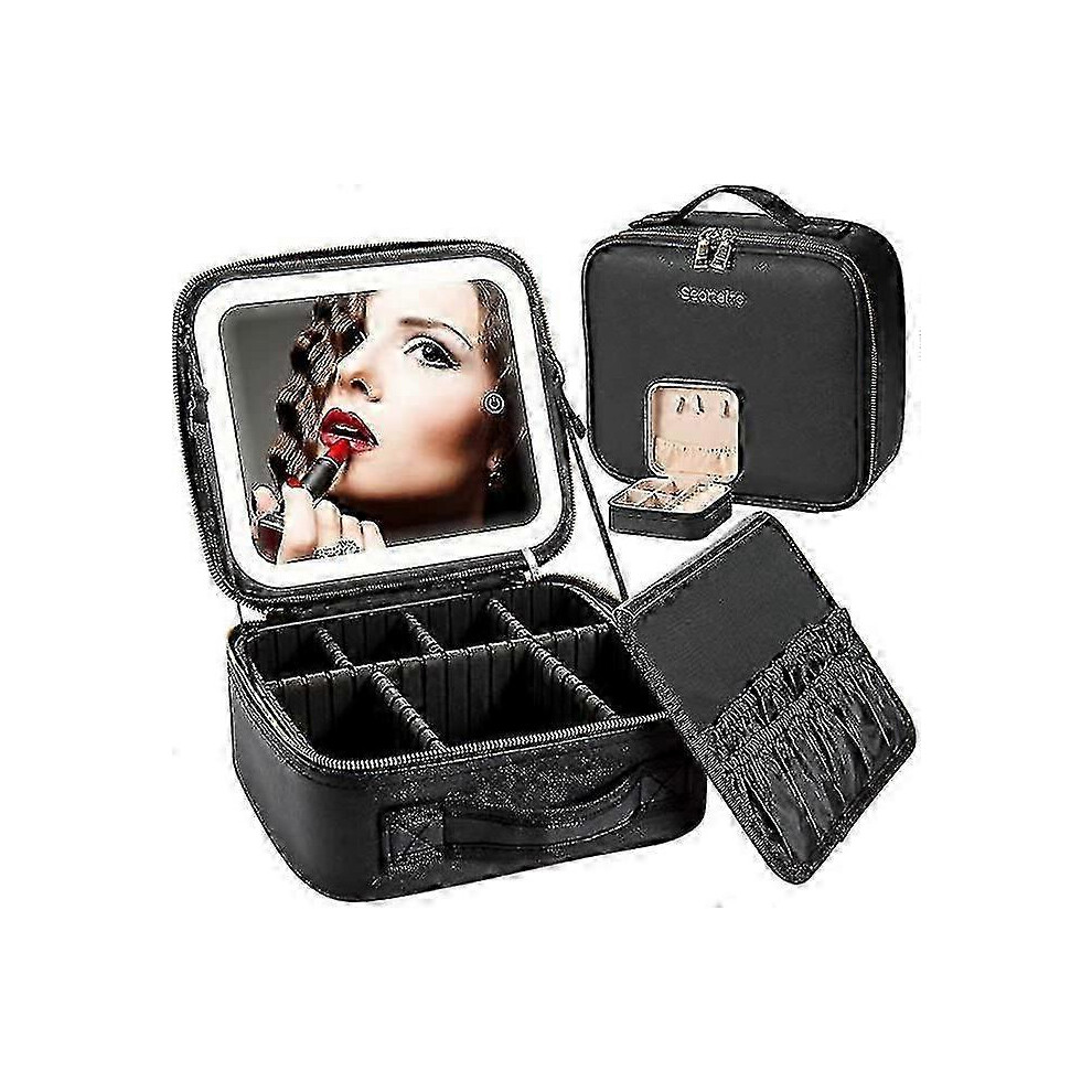 (Black) Makeup Travel Bag With Led Light Up Mirror Portable Makeup Case Organizer Makeup Brush Accessories And Tool Case