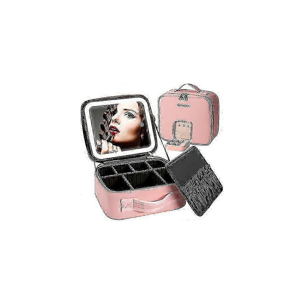 (Pink) Makeup Travel Bag With Led Light Up Mirror Portable Makeup Case Organizer Makeup Brush Accessories And Tool Case