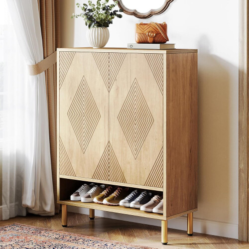 Tribesigns Schoenenkast met deuren, 7-laags schoenenopbergkast met verstelbare planken, houten schoenenrek, schoenenopberger voor entree, hal, kast, woonkamer, hout en goud Tribesigns Schoenenkast met deuren, 7-laags schoenenopbergkast met verstelbare planken, houten schoenenrek, schoenenopberger voor entree, hal, kast, woonkamer, hout en goud