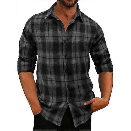 (L,black grey)Men's Long-Sleeve Flannel Shirt