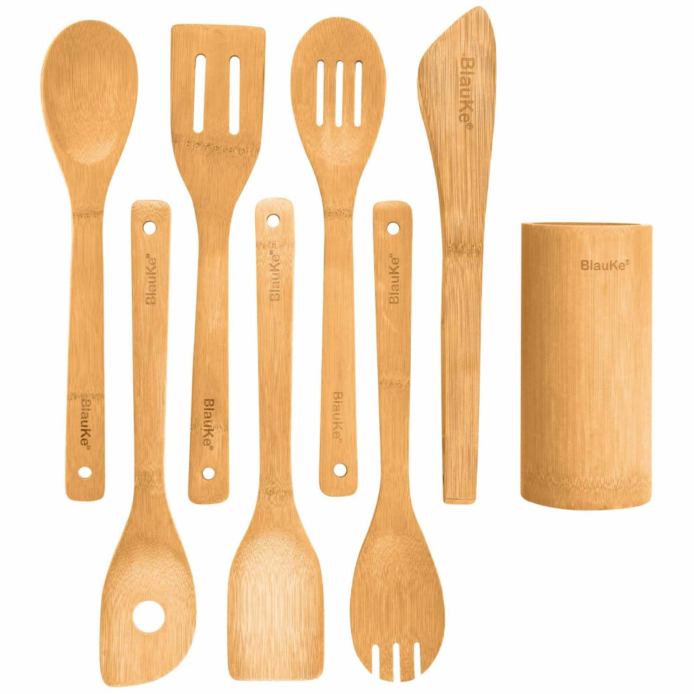 BlauKe Wooden Kitchen Utensils Set of 8 â Non-Stick Bamboo Cooking Utensils â Wooden Spatulas for Cooking, Wooden Spoons, Tongs, Utensil Holder-image-OPC-PG6KW5V-NEW