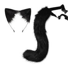 (Black)Fox Tail Headdress Handmade Simulated Fox Tail Cat Ear Set Halloween Cosplay Costume Fluffy Fox Tail Accessory Qinghai