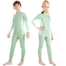 (L,green)Kids Wetsuit Long Sleeve One Piece UV Protection Thermal Swimsuit