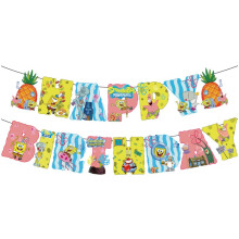(Banner) Birthday Themed Spongebob Party Decorations Set Props Balloons Toppers Cake Flag