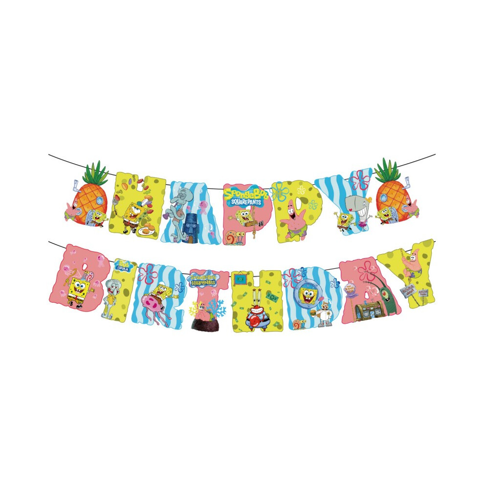 (Banner) Birthday Themed Spongebob Party Decorations Set Props Balloons Toppers Cake Flag