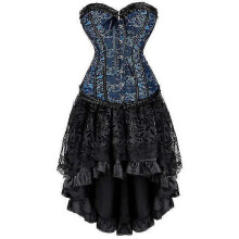 (L,Blue)Women Sexy Lace Floral Corset Dress Victoria Vintage Corset Top Waist Cincher Bustier Gothic Asymmetrical Skirt Set Xs-6xl