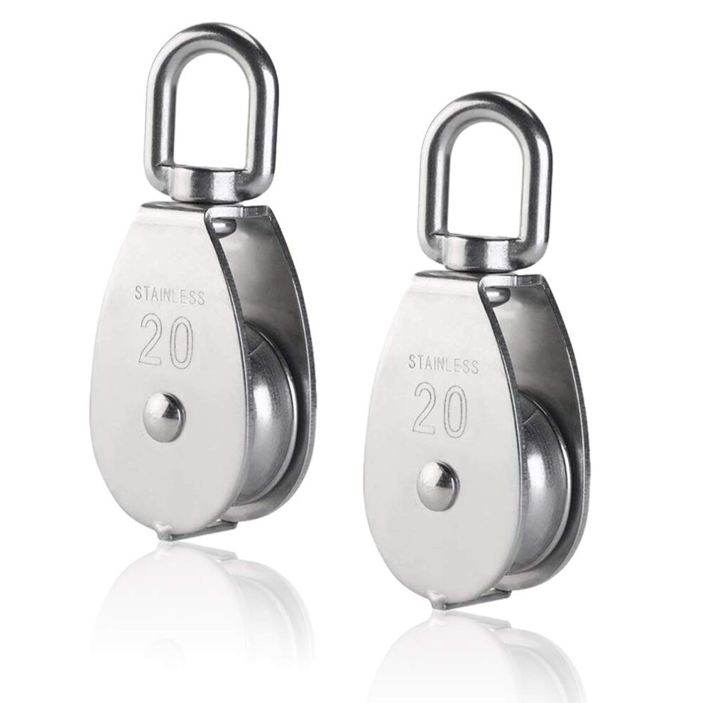 2 Pieces M20 304 Stainless Steel Single Pulley, 20Mm Single Pulley Block Roller, Crane Swivel Hook Smooth Wire Rope Cable Loading 77Lbs/35Kg 9113374534222