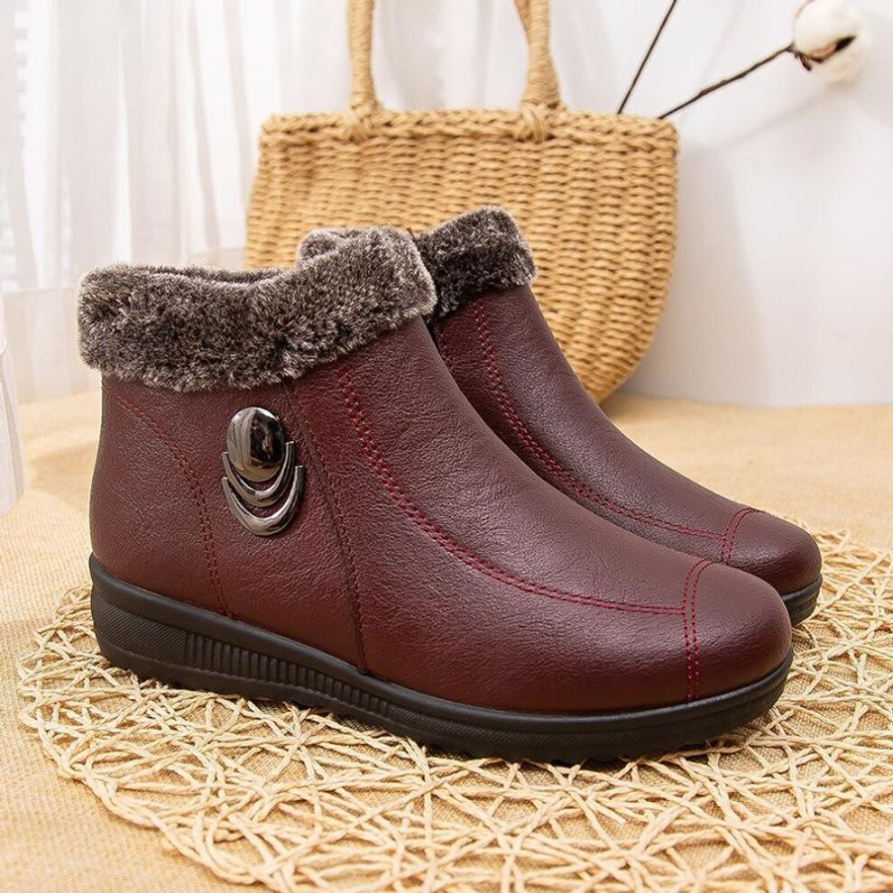 (red, 40) Autumn Winter Women&apos;s Boots Plus Velvet Warm Flat Ankle Boots Soft Bottom Non-slip Women&apos;s Shoes