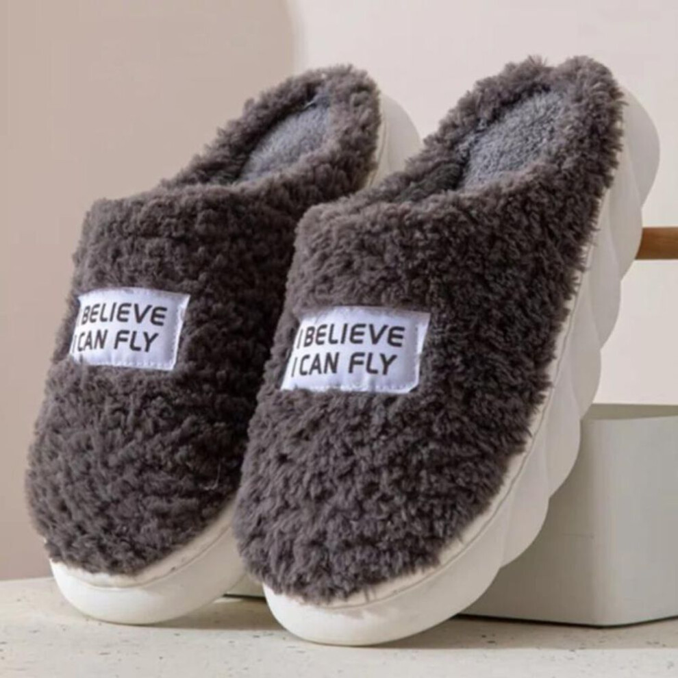 (grey, 40-41) Women Men Thick Sole Slippers Indoor House Shoes For Women Winter Platform Slides Warm Fluffy Slippers Fur Cotton Shoes Ladies