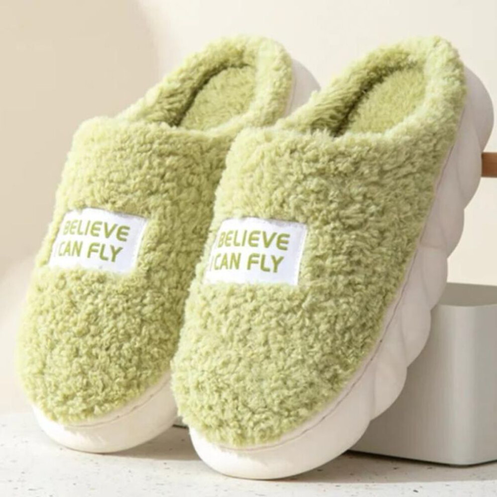 (green, 38-39) Women Men Thick Sole Slippers Indoor House Shoes For Women Winter Platform Slides Warm Fluffy Slippers Fur Cotton Shoes Ladies