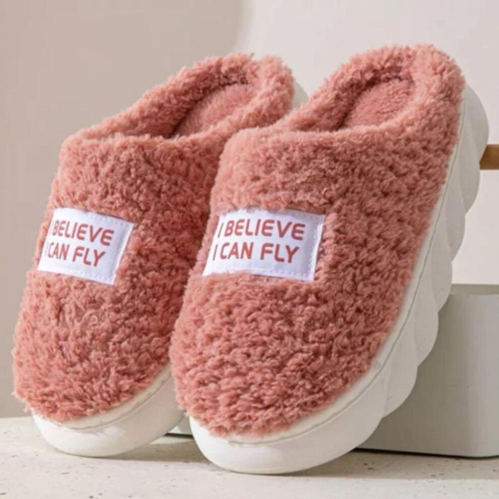 (pink, 36-37) Women Men Thick Sole Slippers Indoor House Shoes For Women Winter Platform Slides Warm Fluffy Slippers Fur Cotton Shoes Ladies
