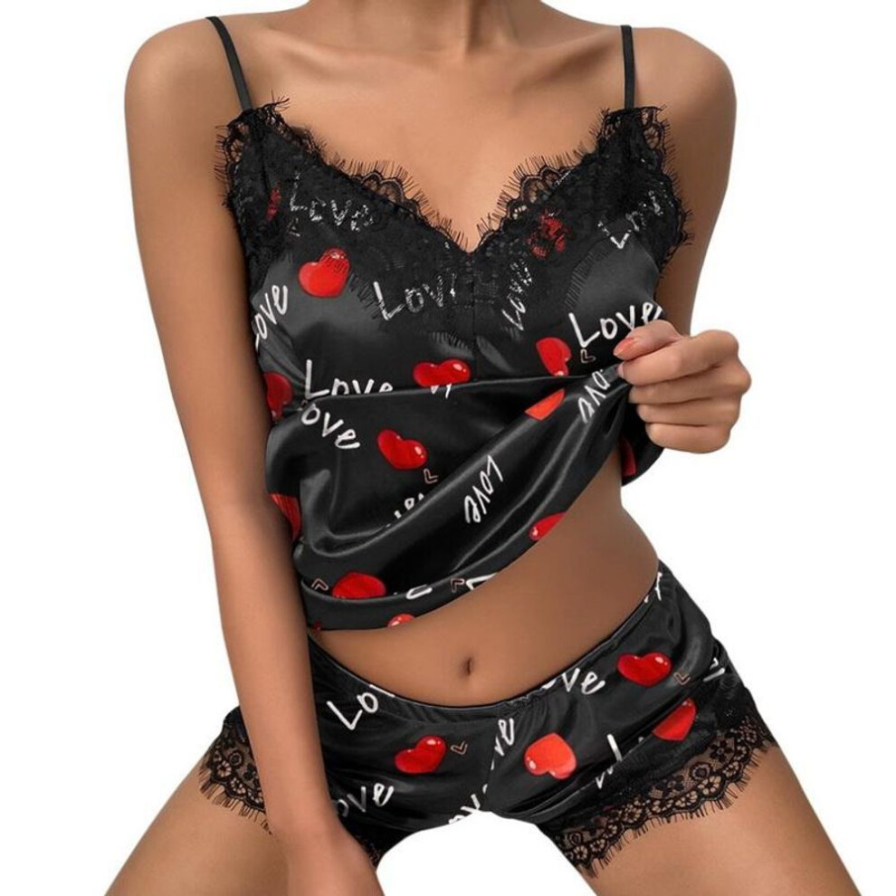 (black, S) S-3xl Polka Dot Letter Printed Sleepwear Women Sexy V Neck Sling Vest And Shorts Set Casual Loungewear