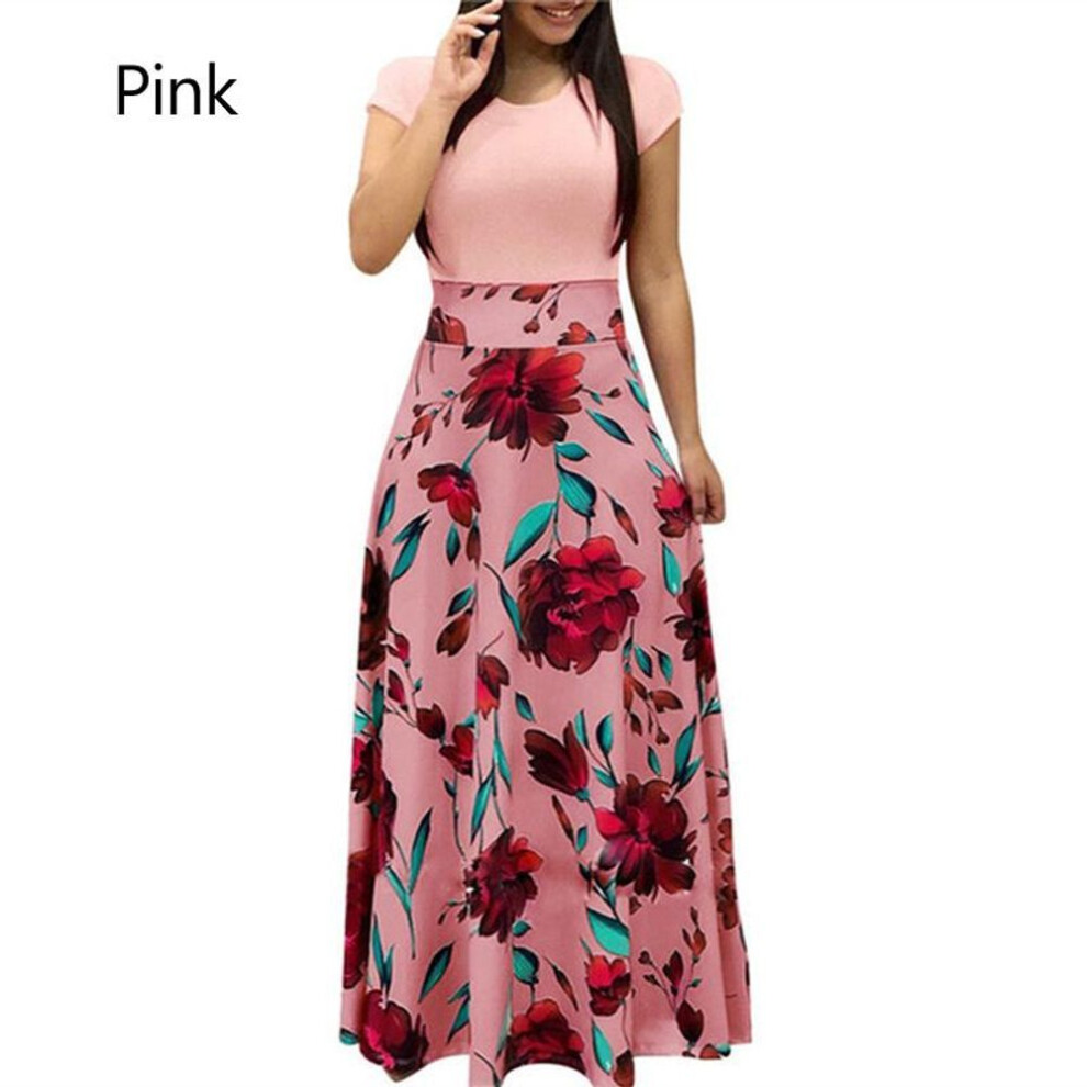 (pink, XL) Women Maxi Party Floral  Dress Skirt Vintage  Long Clothes Beach Crew Neck Short Sleeve S-3xl