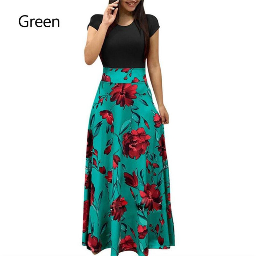 (green, 2XL) Women Maxi Party Floral  Dress Skirt Vintage  Long Clothes Beach Crew Neck Short Sleeve S-3xl