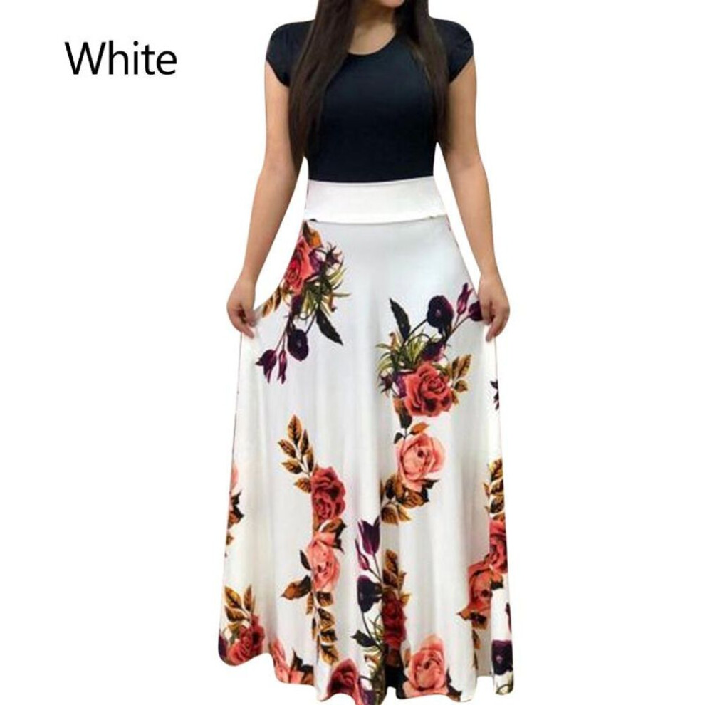(white, 3XL) Women Maxi Party Floral  Dress Skirt Vintage  Long Clothes Beach Crew Neck Short Sleeve S-3xl