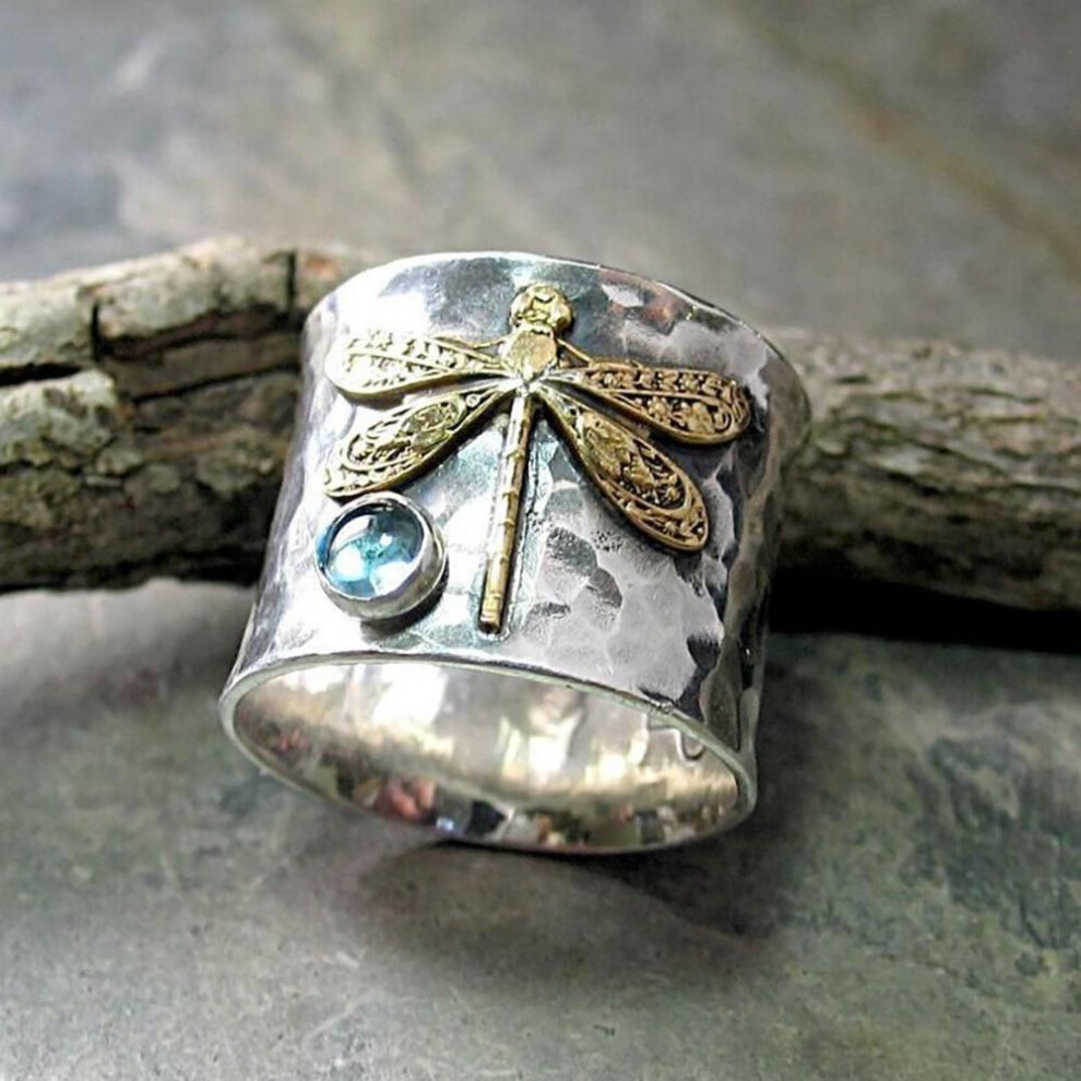 (silver, 5) Bohemia Engraving Dragonfly Zircon Finger Wide Face Joint Ring Female Statement Cz Stone Ring Jewelry Wedding Engagement Ring